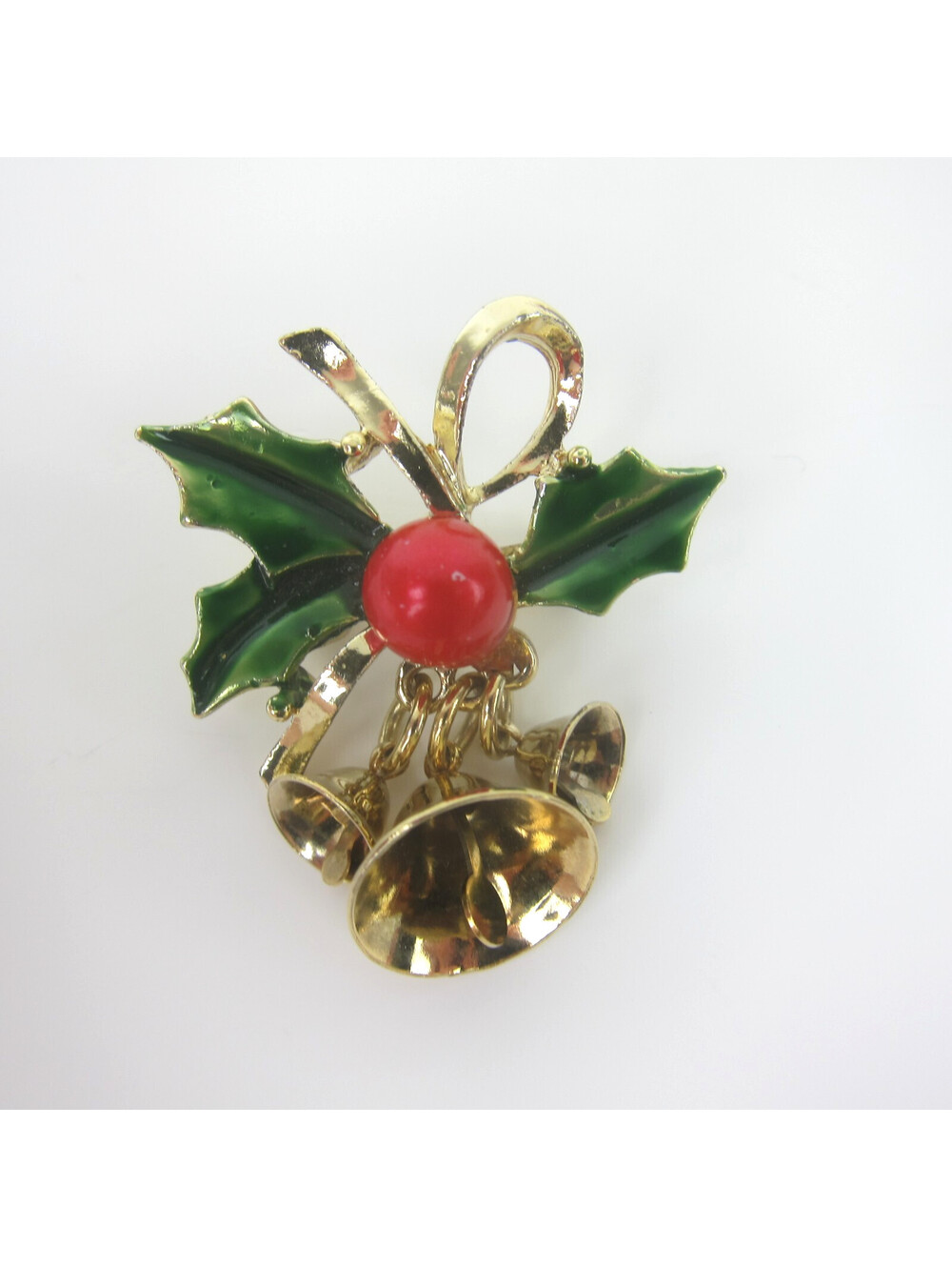 Vintage Christmas Ringing Bells Pin Brooch Gold Tone Red & Green Holly 1.5"